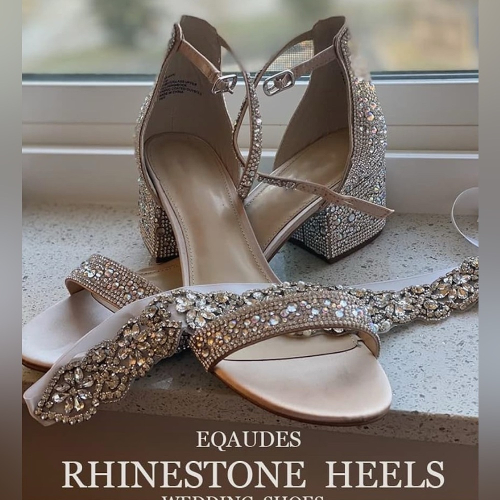 Rhinestone  Low Chunky Block Heels Sparkly Bridal Glitter Prom Heels